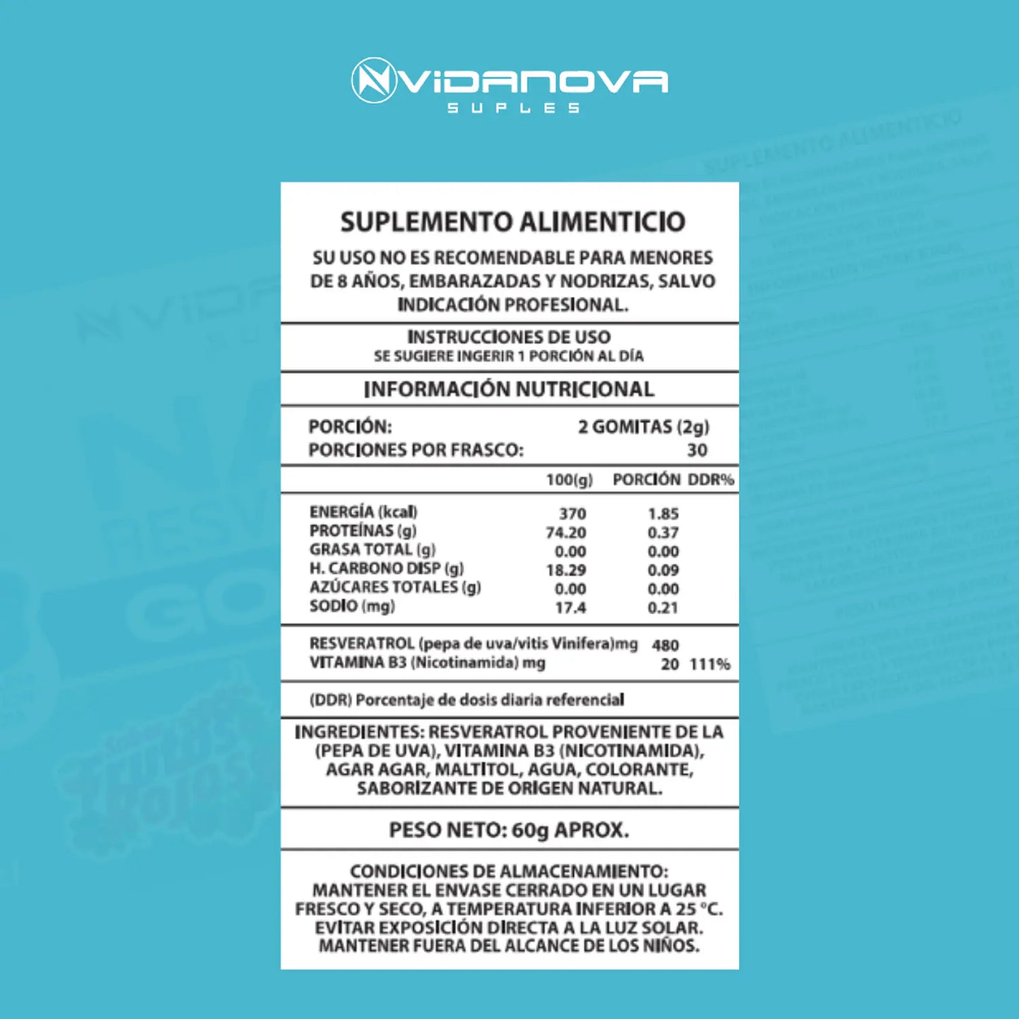Resveratrol 480mg + Nicotinamida en Gomitas · 60 Unidades · Sin Azúcar