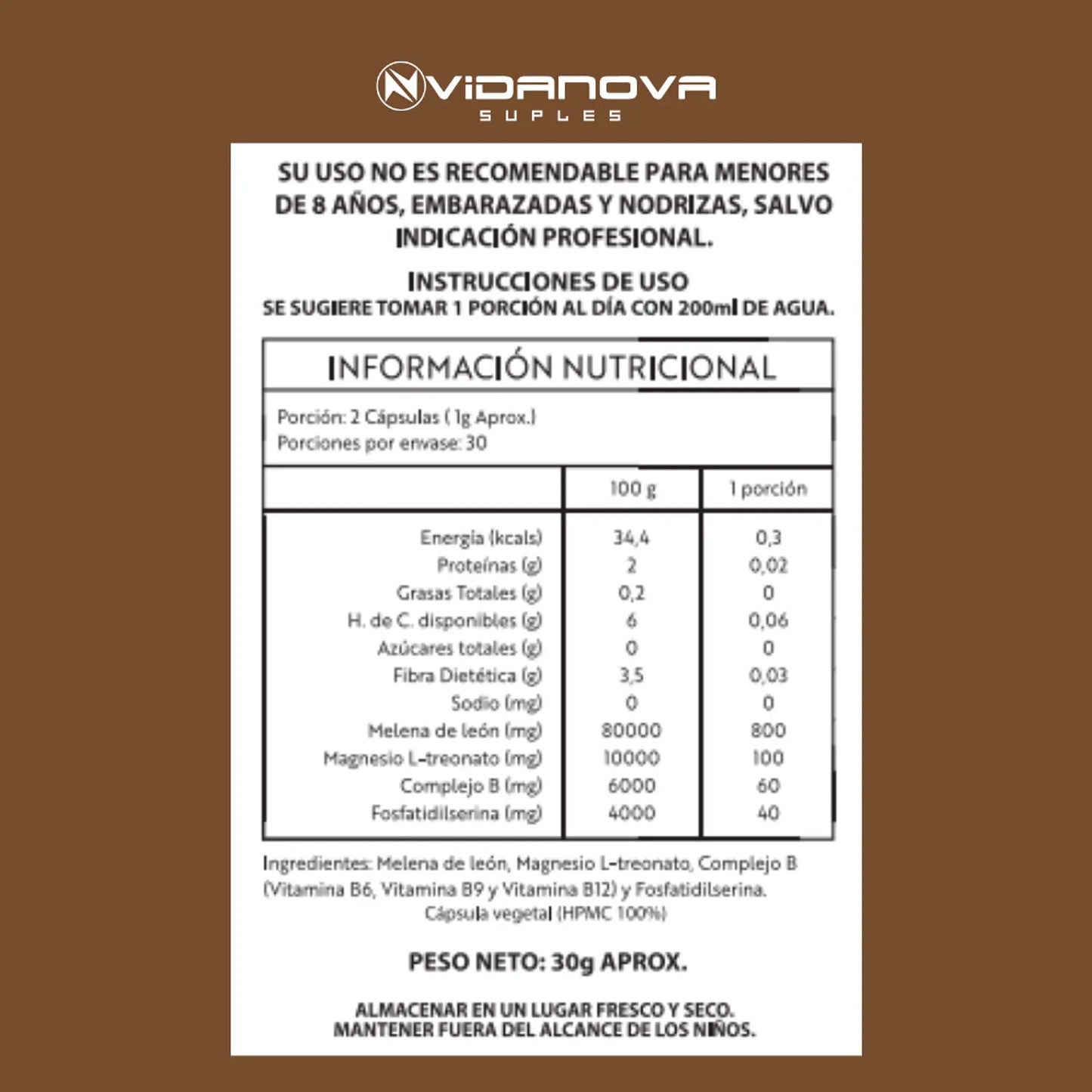 Melena de León 800mg · Magnesio, Complejo B y Fosfatidilserina · 60 Cápsulas