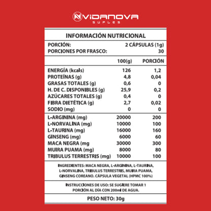 Testo Power · Maca Negra, Tribulus y Ginseng · 60 Cápsulas